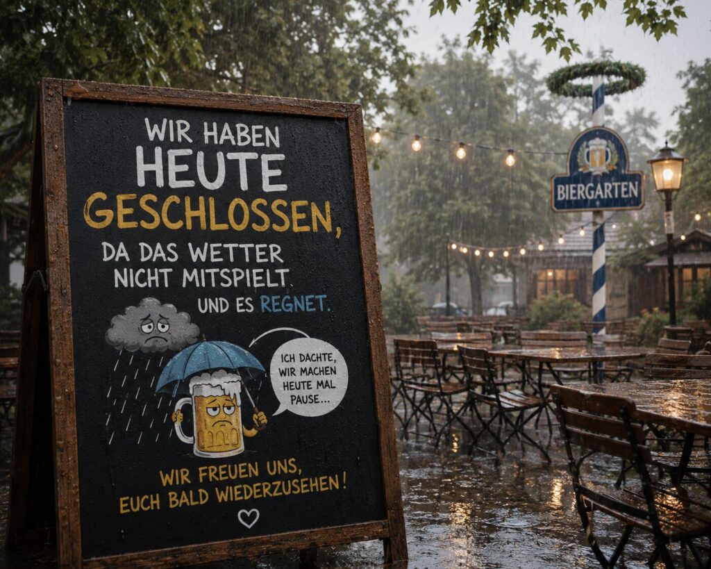 Heute hat der Wettergott leider beschlossen, unseren Biergarten in ein Freibad zu verwandeln. 🌧️🍺 Bei dem Dauerregen würden selbst die Enten nach Hause gehen – deshalb bleibt heute geschlossen. Aber keine Sorge: Morgen trocknen wir die Bänke, zapfen das Bier kalt und sind wieder für euch da! Bis dahin: Füße hoch, trocken bleiben und dem Regen nicht die Laune überlassen. 😉